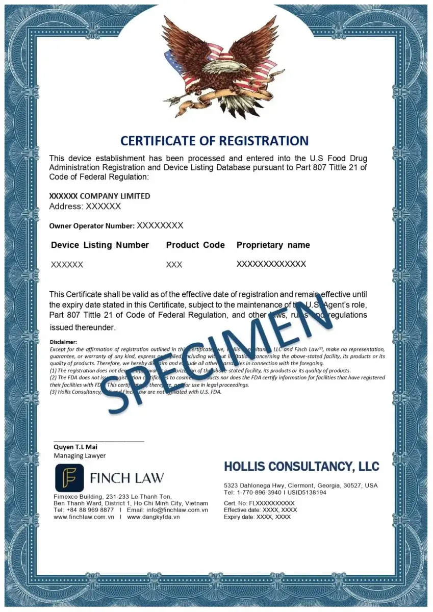 Mẫu chứng nhận đăng ký FDA dành cho cơ sở thiết bị y tế tại Finch Law